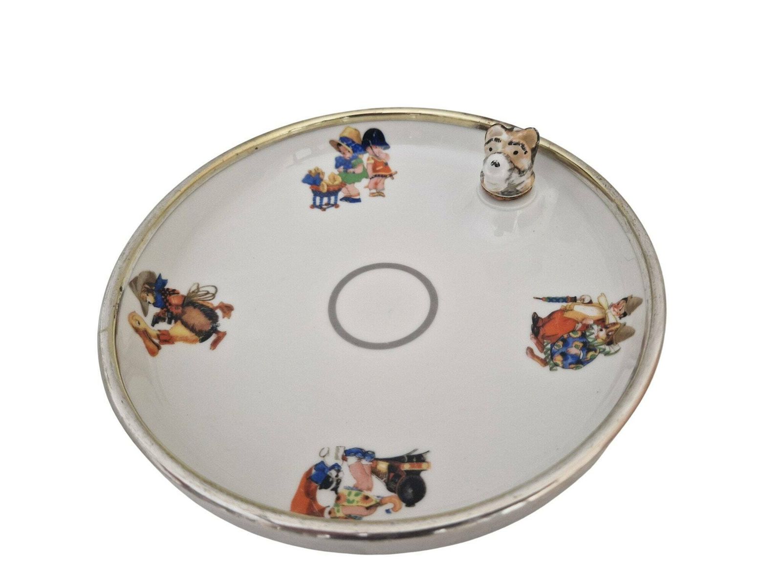 Baby Feeding Bowl With Art Deco Children Illustrations, Porcelain Food Warming Dish