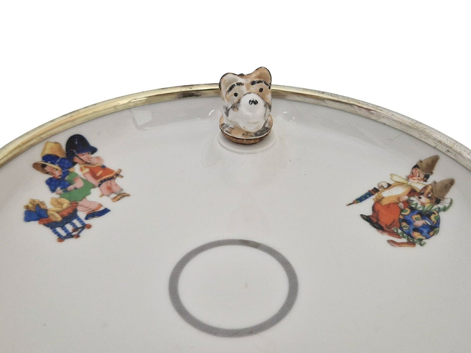 Baby Feeding Bowl With Art Deco Children Illustrations, Porcelain Food Warming Dish photo for sale