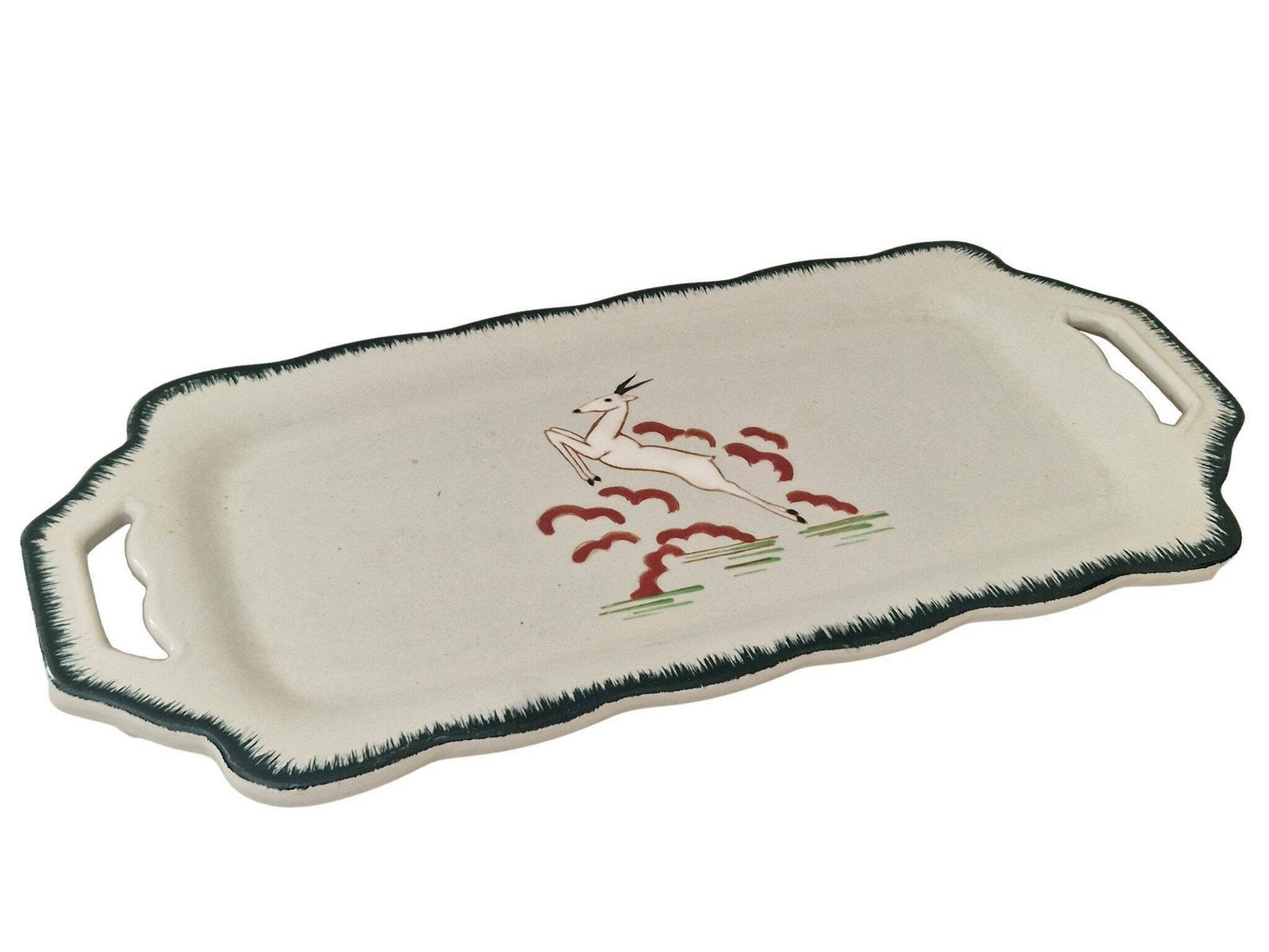 Art Deco Celadon Ceramic Cake Platter By Longwy With Hand Painted Enamel Gazelle, French Faience Snack Tray photo Home Decor