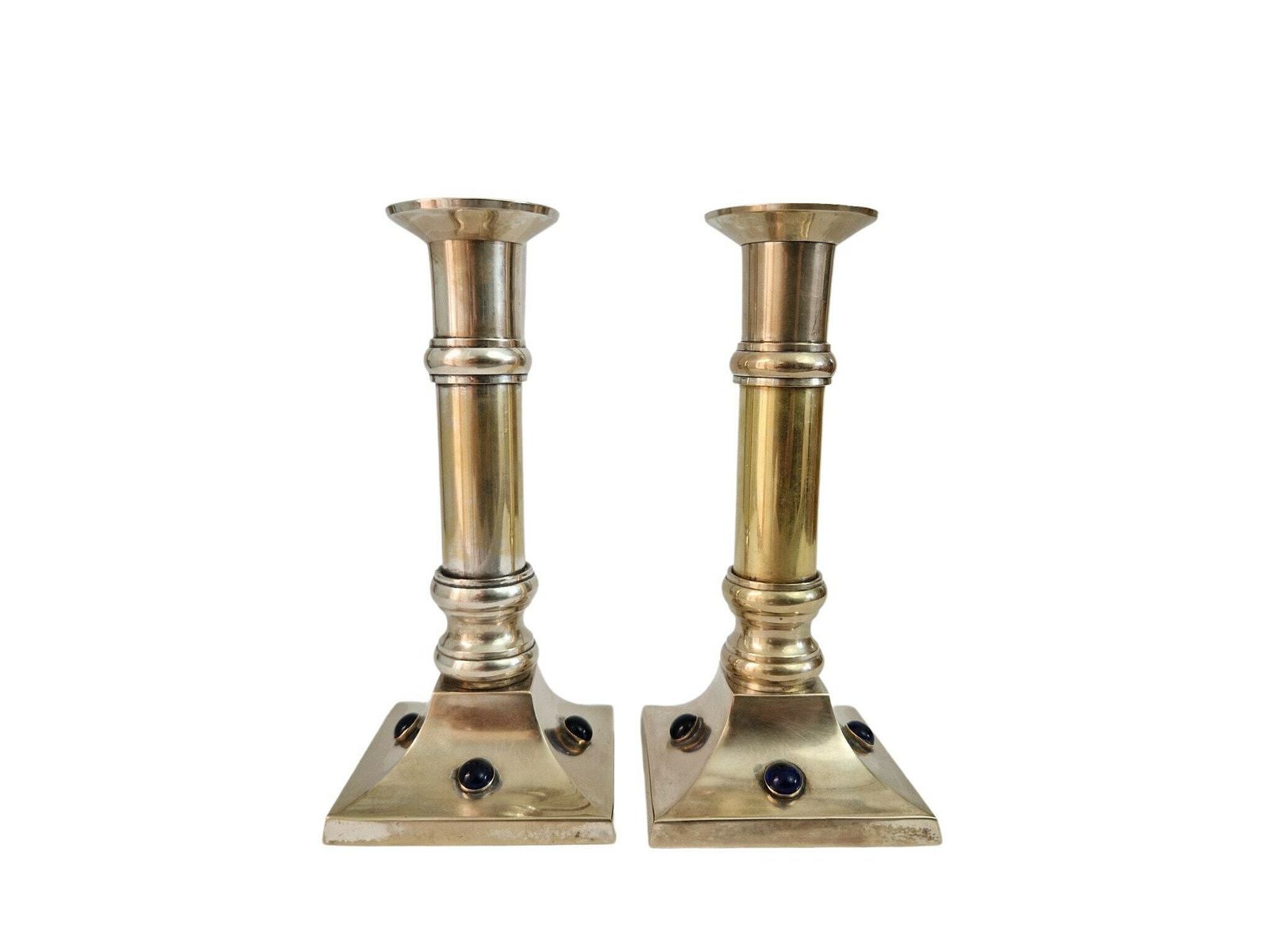 French Brass And Silver Plate Candle Holder Pair With Sapphire Blue Glass Cabochons photo for sale