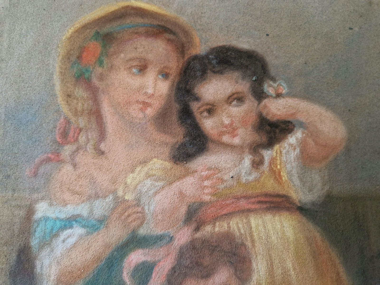 19th Century Children Portrait Oil Pastel Drawing, photo Art