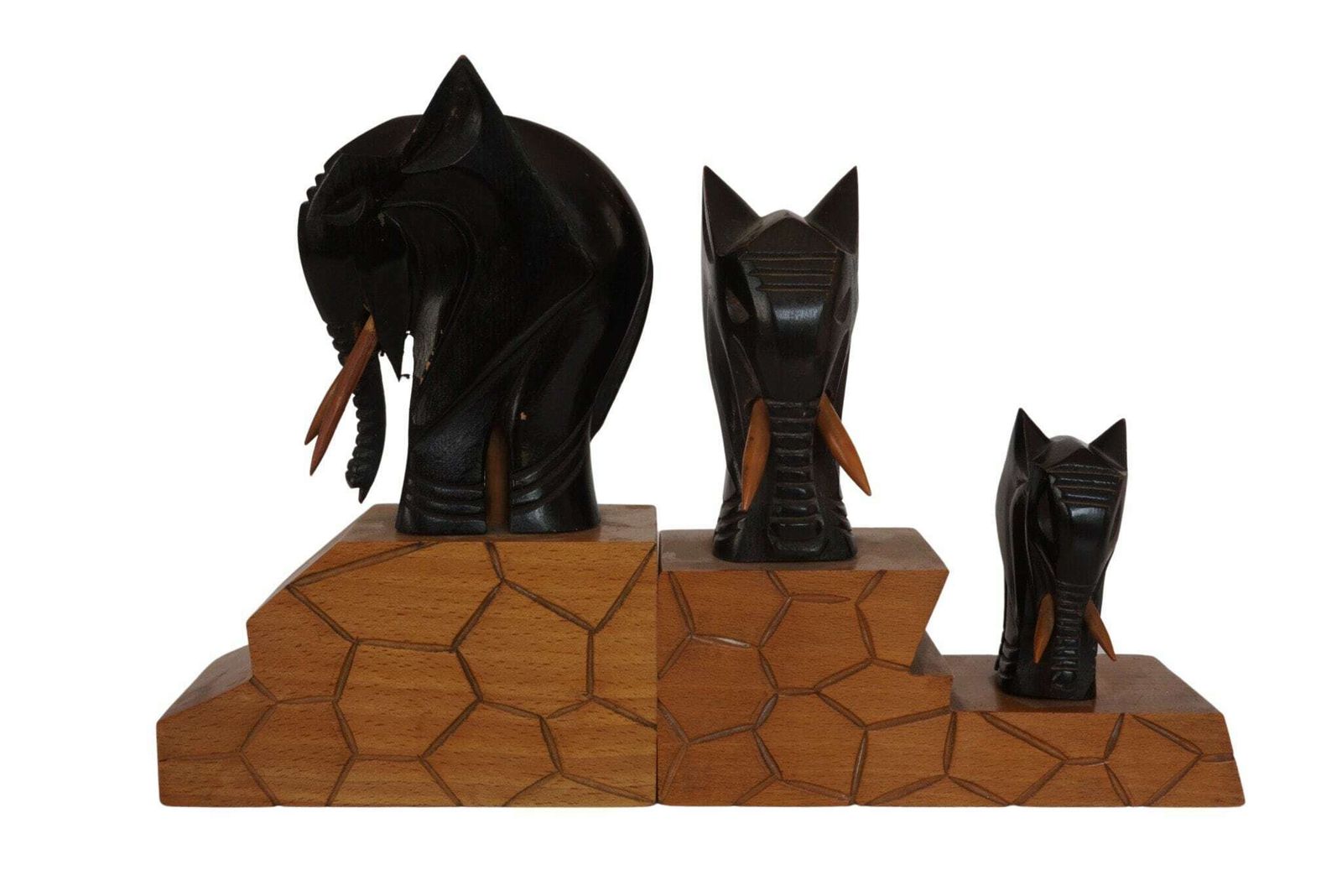 French Carved Wood Elephant Figurine Bookends, Safari Animal Statues photo furniture