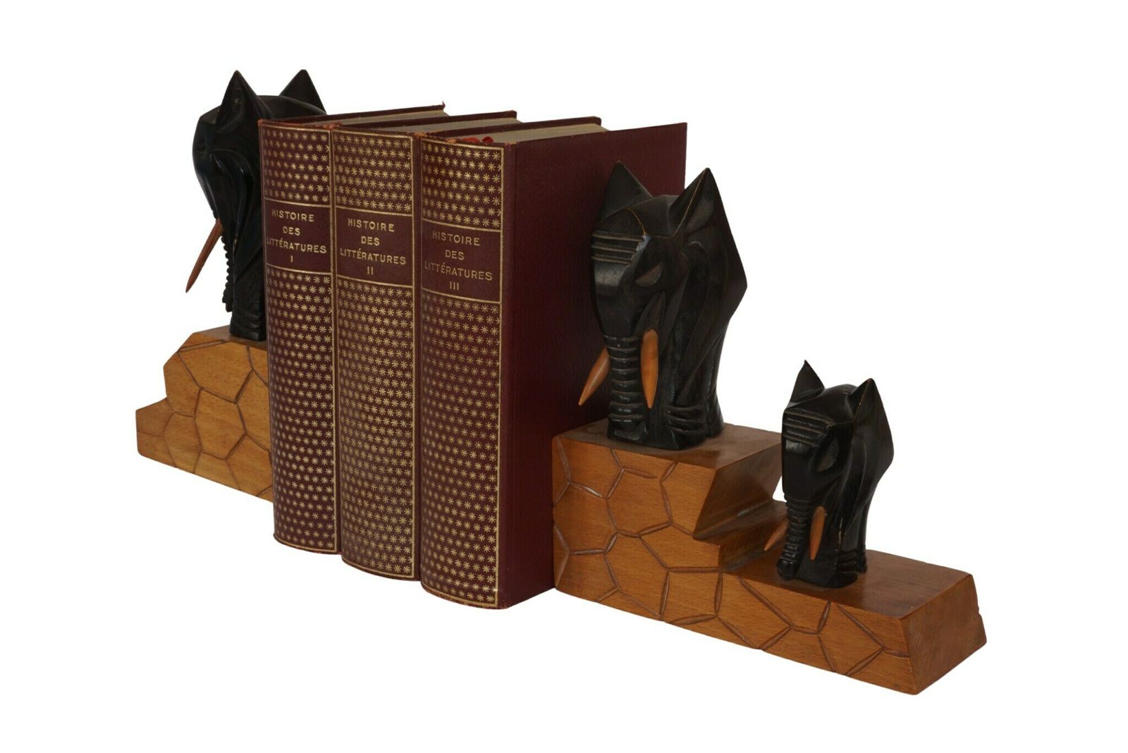 French Carved Wood Elephant Figurine Bookends, Safari Animal Statues photo Home Decor