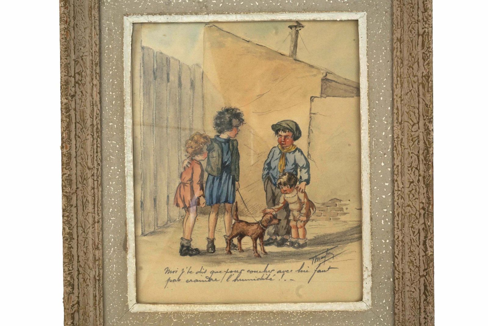 Antique French Drawing Of Street Urchin Children By T Maybon, Humorous Framed Kids And Dog Art photo furniture