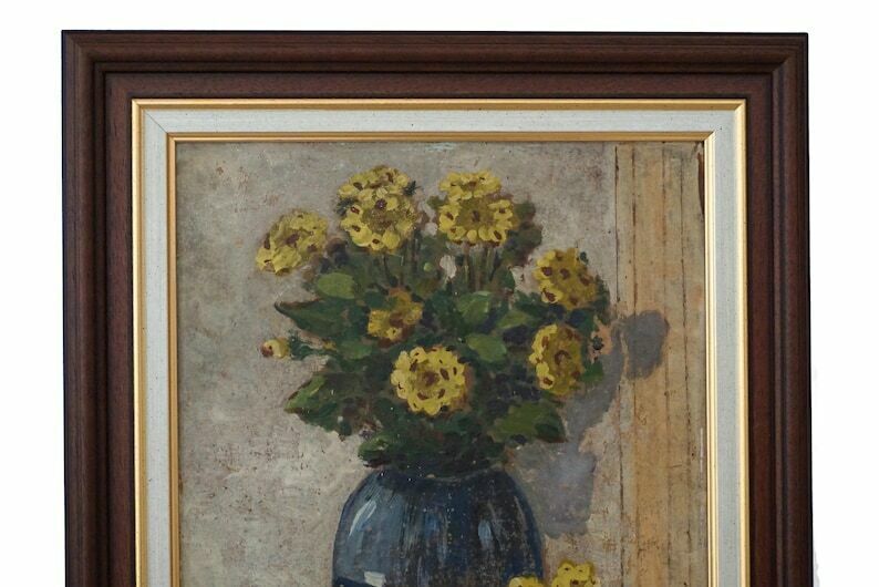 Yellow Flowers In Vase Painting Antique French Floral Bouquet Still Life Art photo furniture