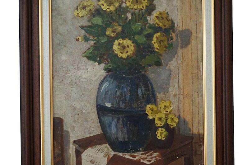Yellow Flowers In Vase Painting Antique French Floral Bouquet Still Life Art photo for sale