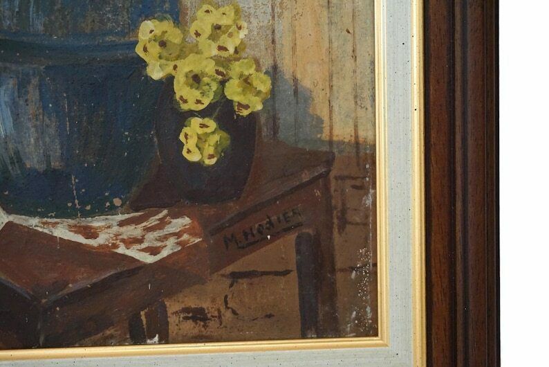 Yellow Flowers In Vase Painting Antique French Floral Bouquet Still Life Art photo 177.0