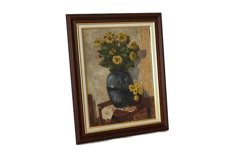 photo furniture Yellow Flowers In Vase Painting Antique French Floral Bouquet Still Life Art