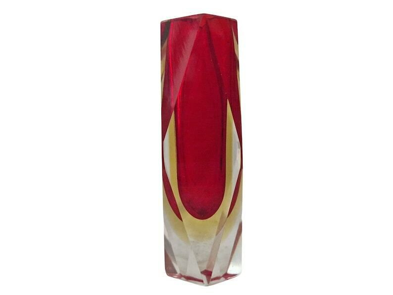 Red Sommerso Murano Faceted Glass Vase, Mid Century Mandruzzato 2 Layer Glass Flower Holder photo for sale