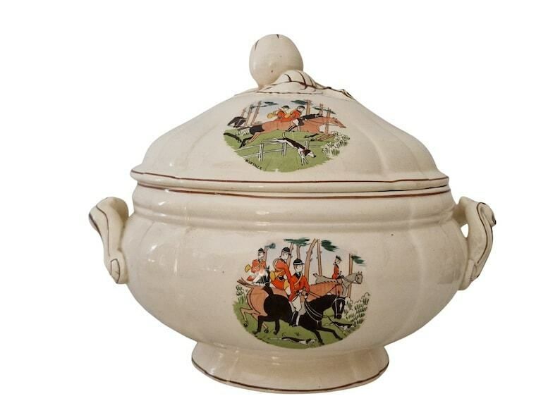 French Faience Soup Tureen With Horse And Hound Fox Hunting Transferware By Sarreguemines, Antique Ceramic Serving Dish With Lid photo furniture