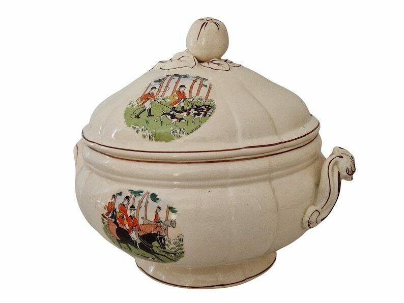 French Faience Soup Tureen With Horse And Hound Fox Hunting Transferware By Sarreguemines, Antique Ceramic Serving Dish With Lid photo 186.0