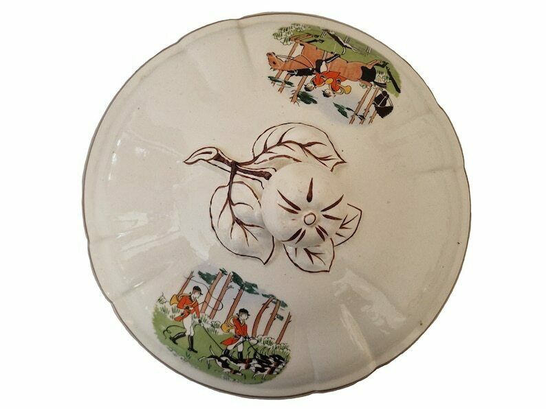 French Faience Soup Tureen With Horse And Hound Fox Hunting Transferware By Sarreguemines, Antique Ceramic Serving Dish With Lid photo vinterior
