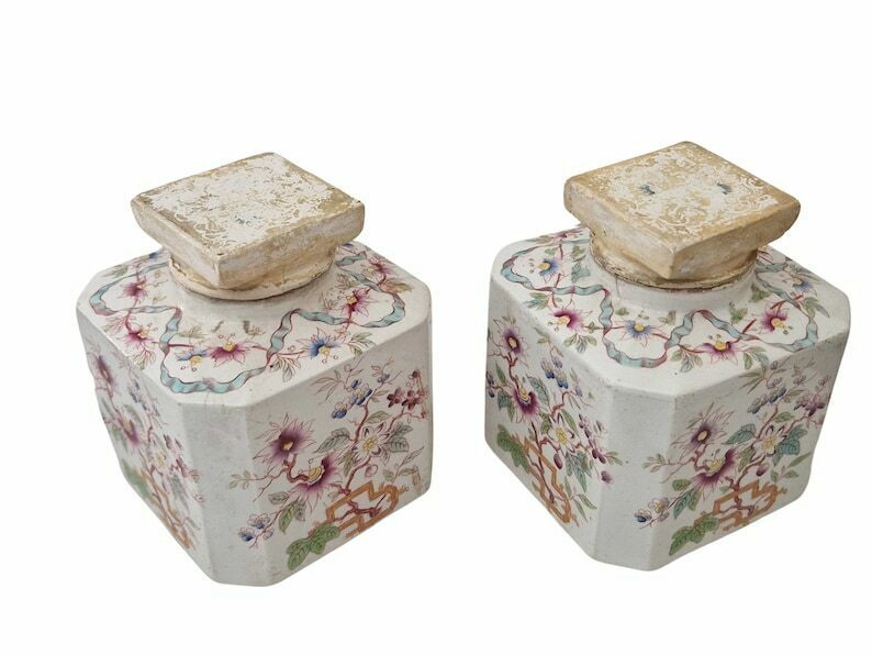 19th Century French Ceramic Bathroom Storage Canister Jars, Set Of 2 With Chinoiseries Style Flowers By Sarreguemines In China Pattern photo for sale