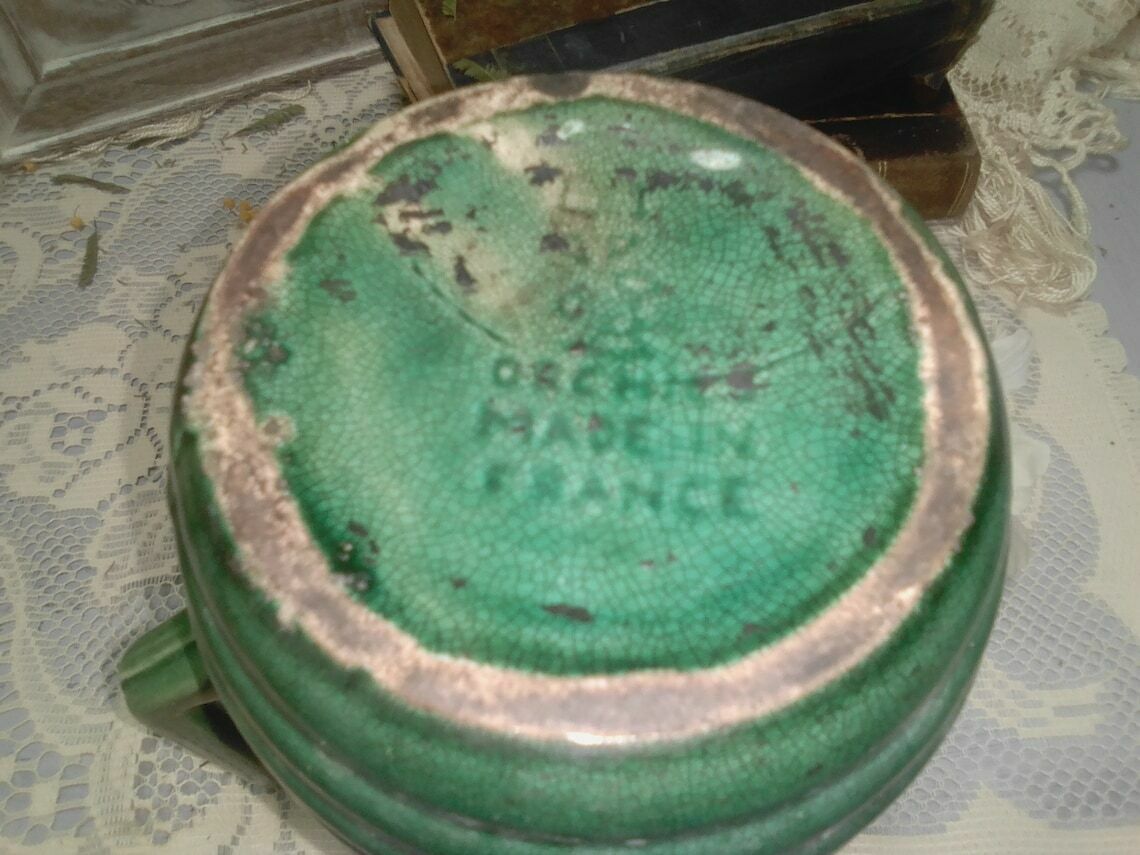 Vintage French Art Deco Green Glazed Majolica Pitcher, Mid Green Jug, Glazed Ceramic Vase photo buy