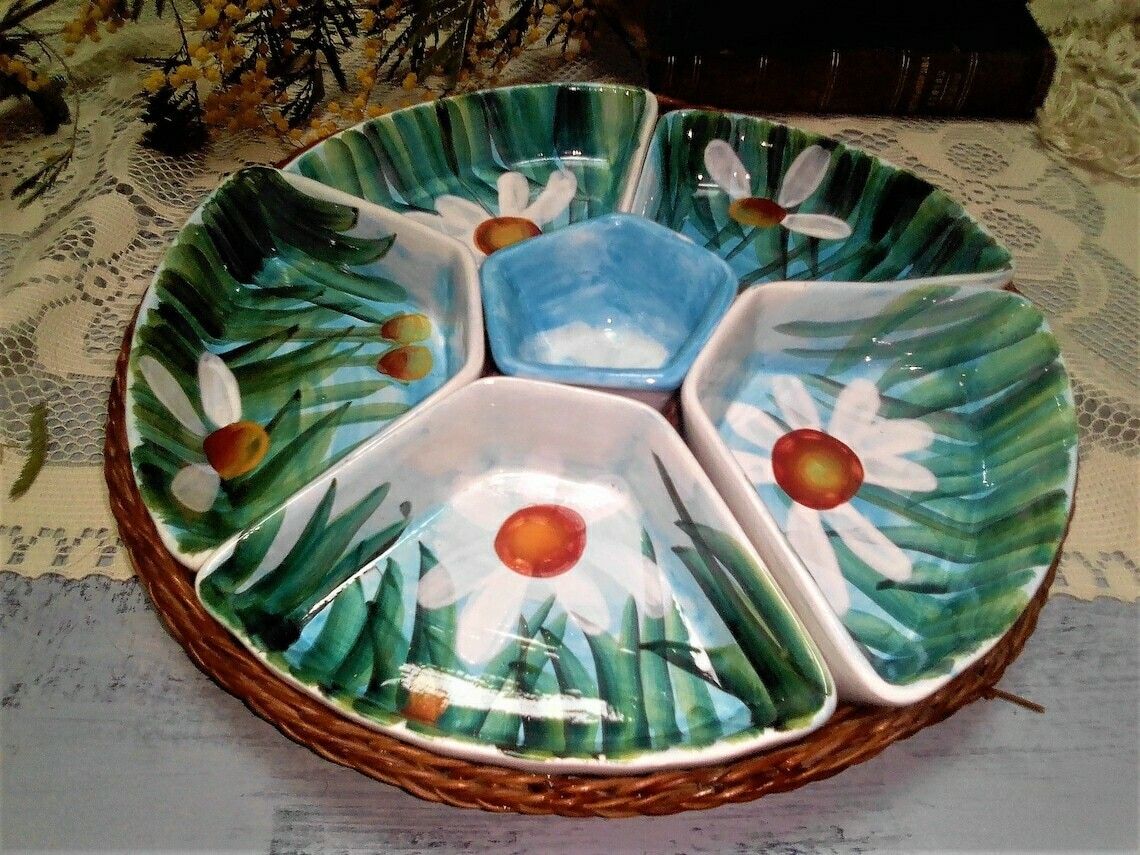 Vintage Ceramic Snack Tray With Wicker Tray, Rattan And Porcelain Mezze Server, Hand Painted Snack Serving Tray