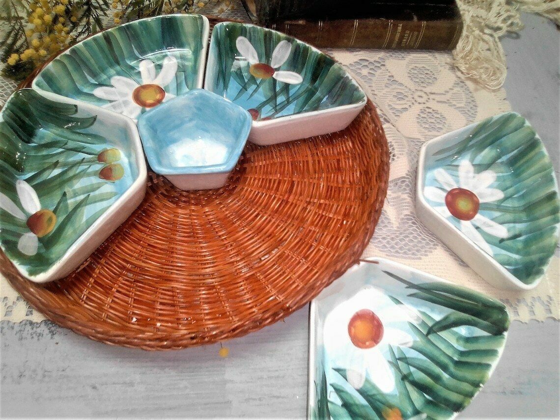 Vintage Ceramic Snack Tray With Wicker Tray, Rattan And Porcelain Mezze Server, Hand Painted Snack Serving Tray photo 113.0