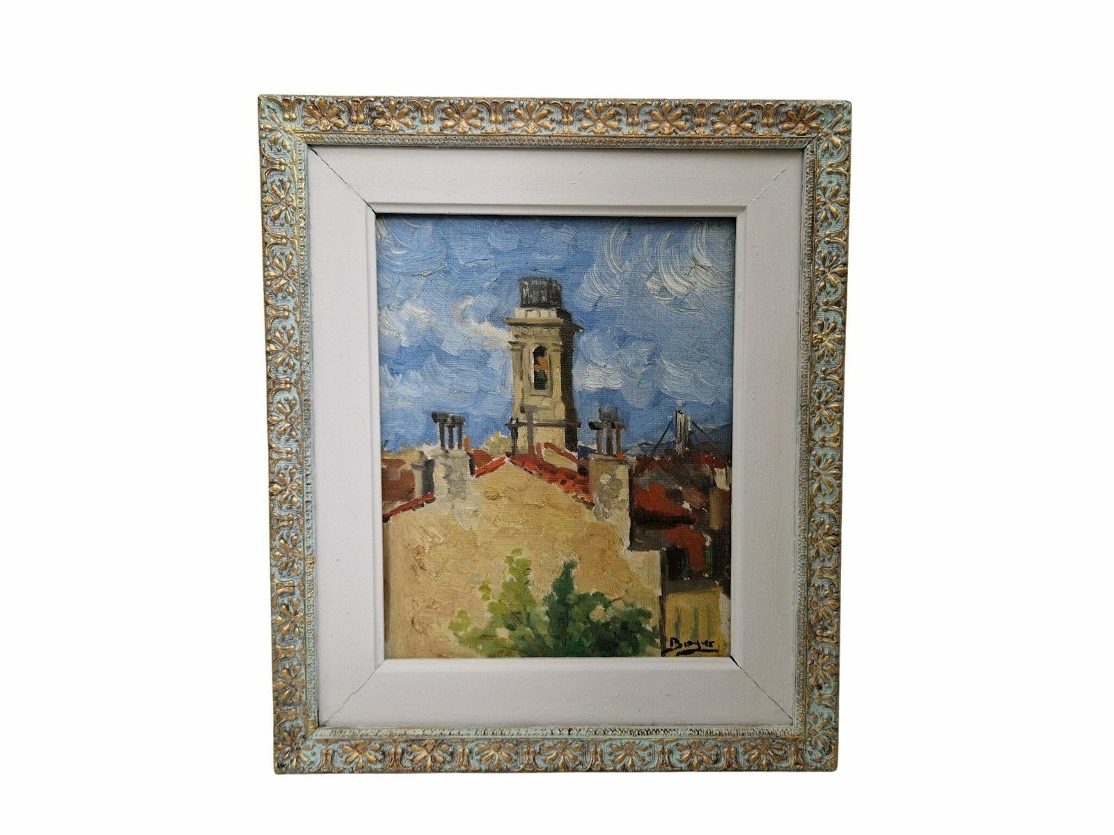 French Provencal Village Painting With Belfry Bell Tower, Original Framed And Signed Art