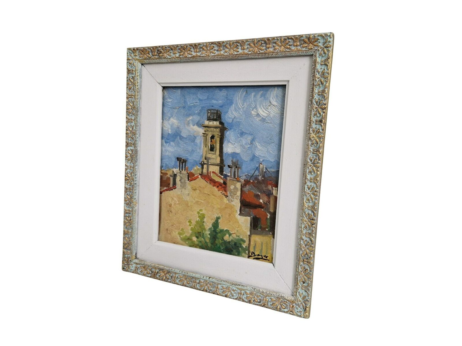 French Provencal Village Painting With Belfry Bell Tower, Original Framed And Signed Art photo furniture