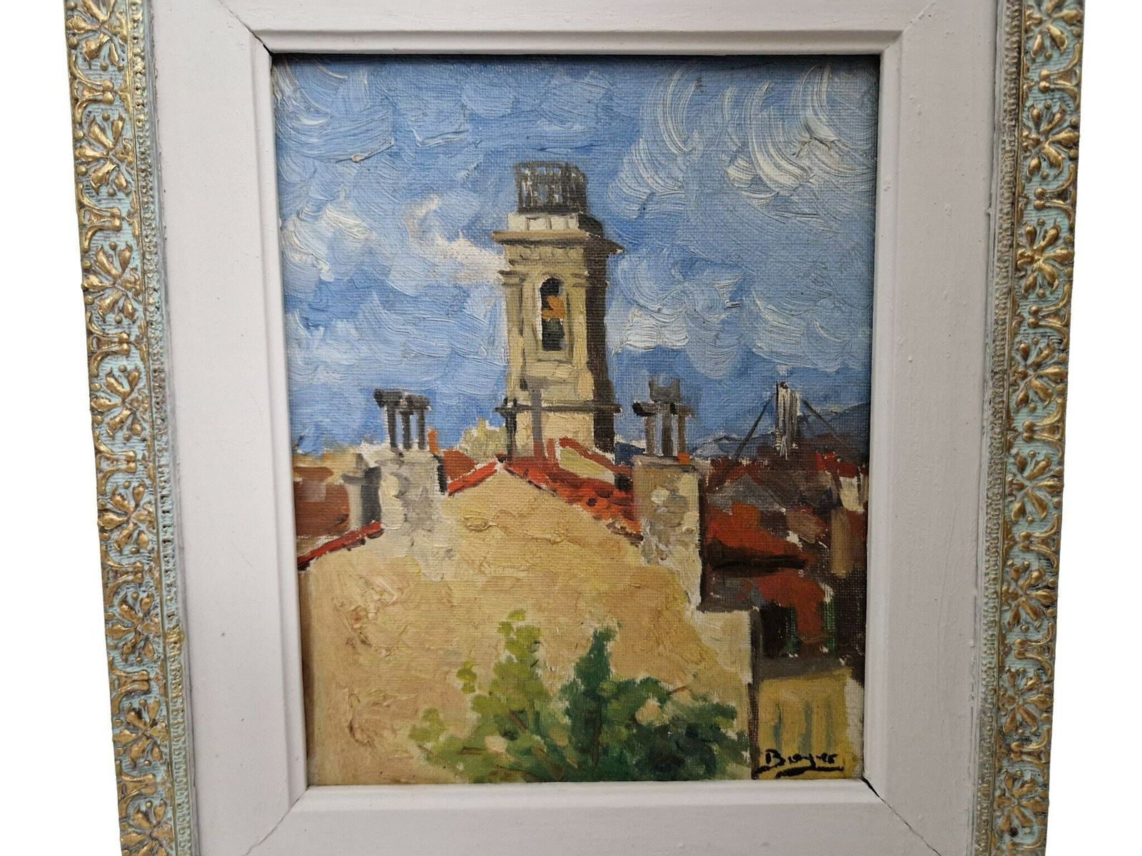 French Provencal Village Painting With Belfry Bell Tower, Original Framed And Signed Art photo 160.0