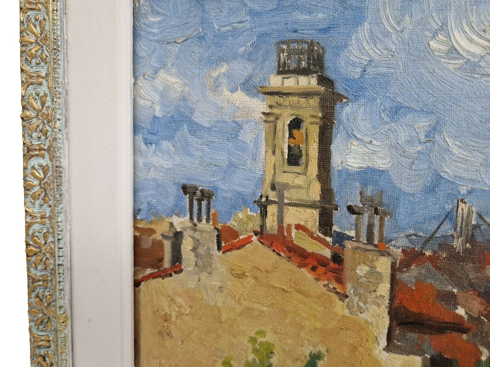 photo furniture French Provencal Village Painting With Belfry Bell Tower, Original Framed And Signed Art