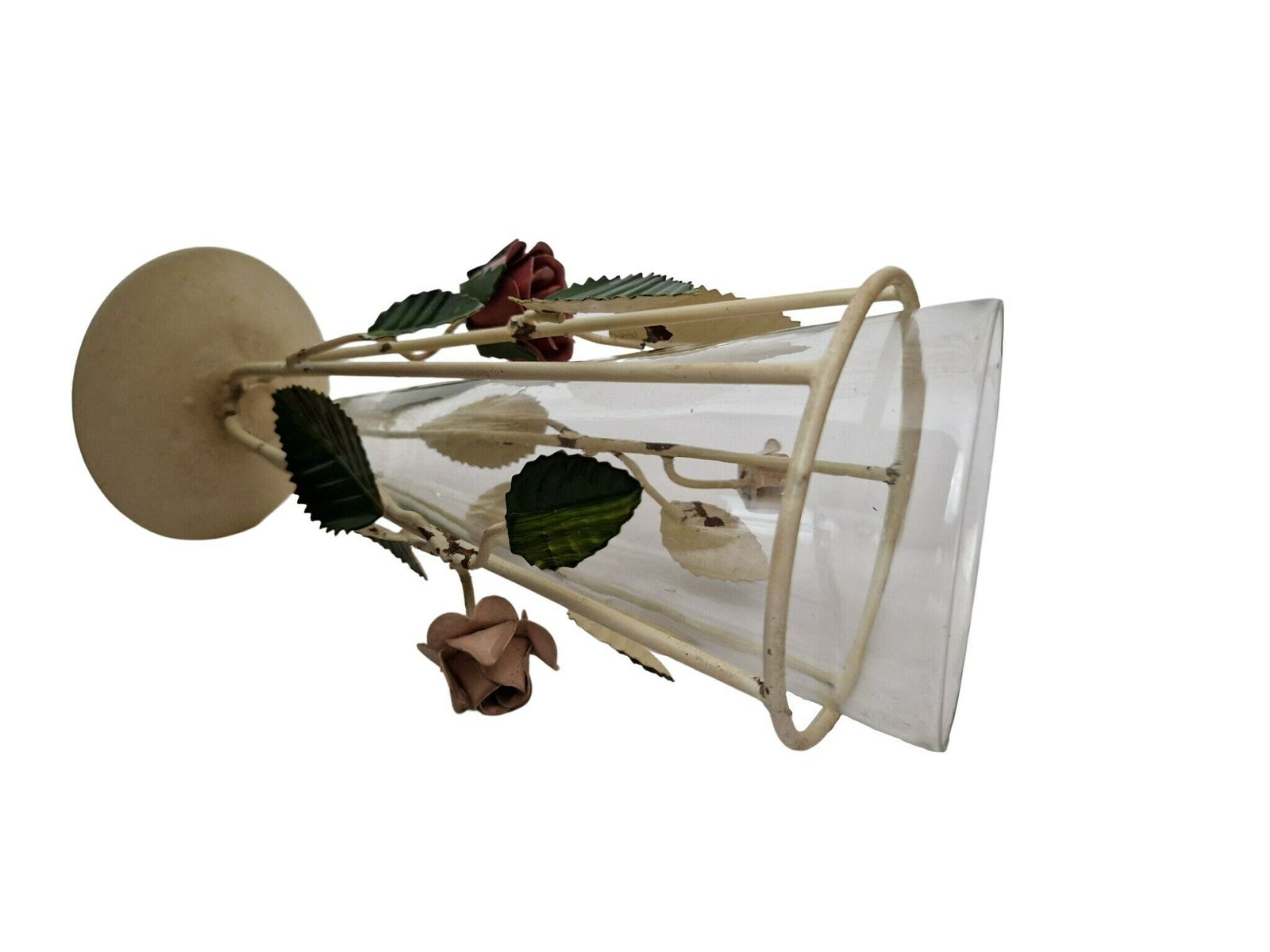 Tole Flower Glass Cone Vase With Metal Rose And Leaf Stand photo Home Decor