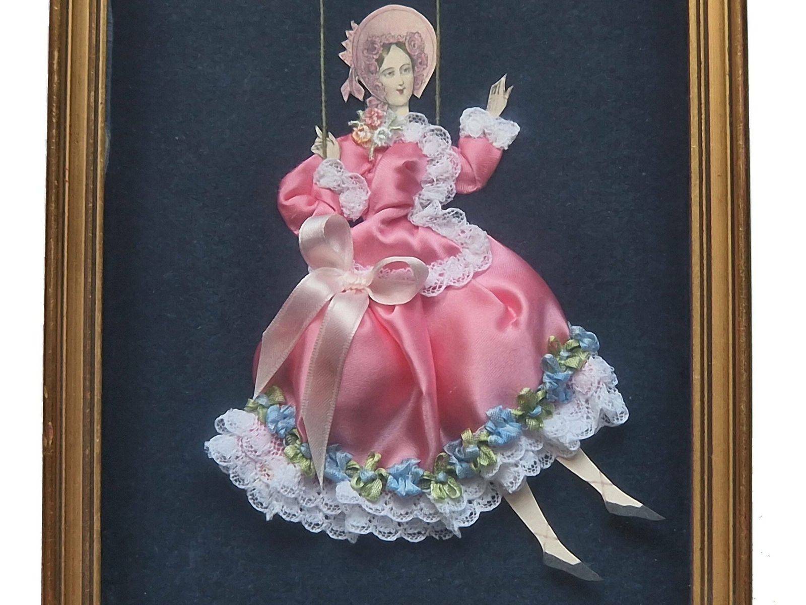 French Victorian Fashion Shadow Box, Lady On Swing In Hand Made Diorama photo 86.0