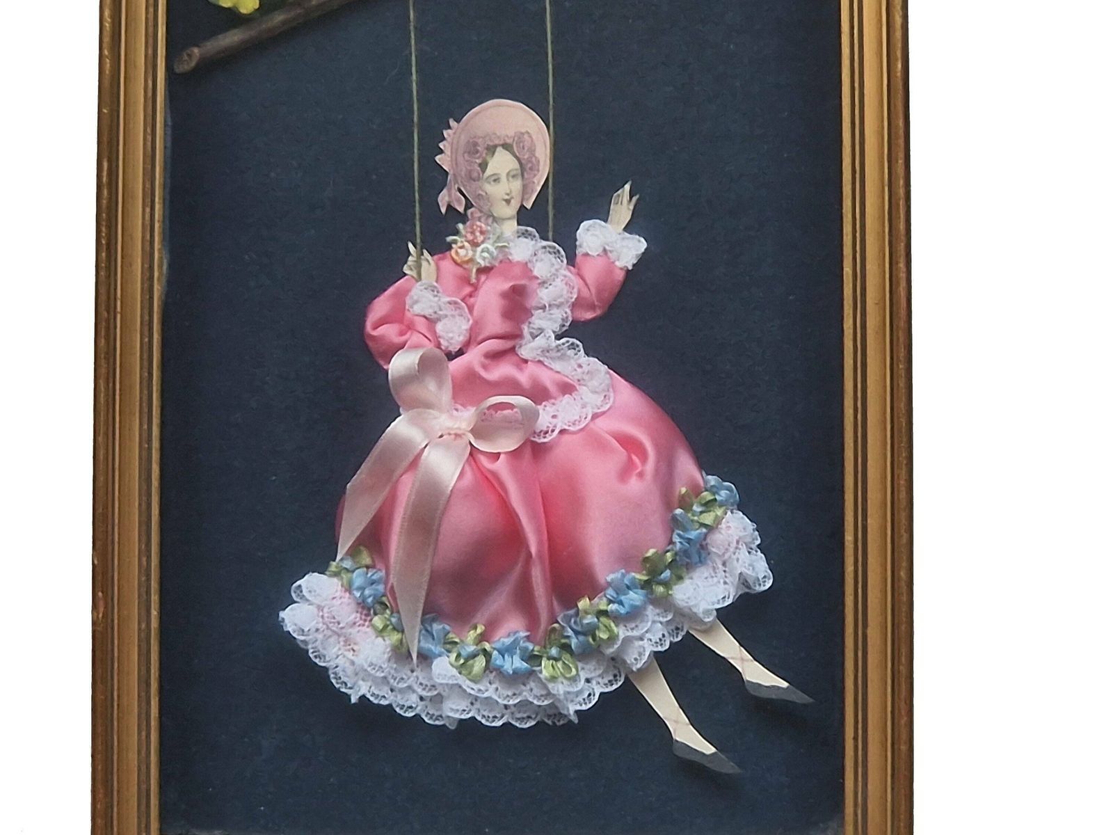 French Victorian Fashion Shadow Box, Lady On Swing In Hand Made Diorama photo buy