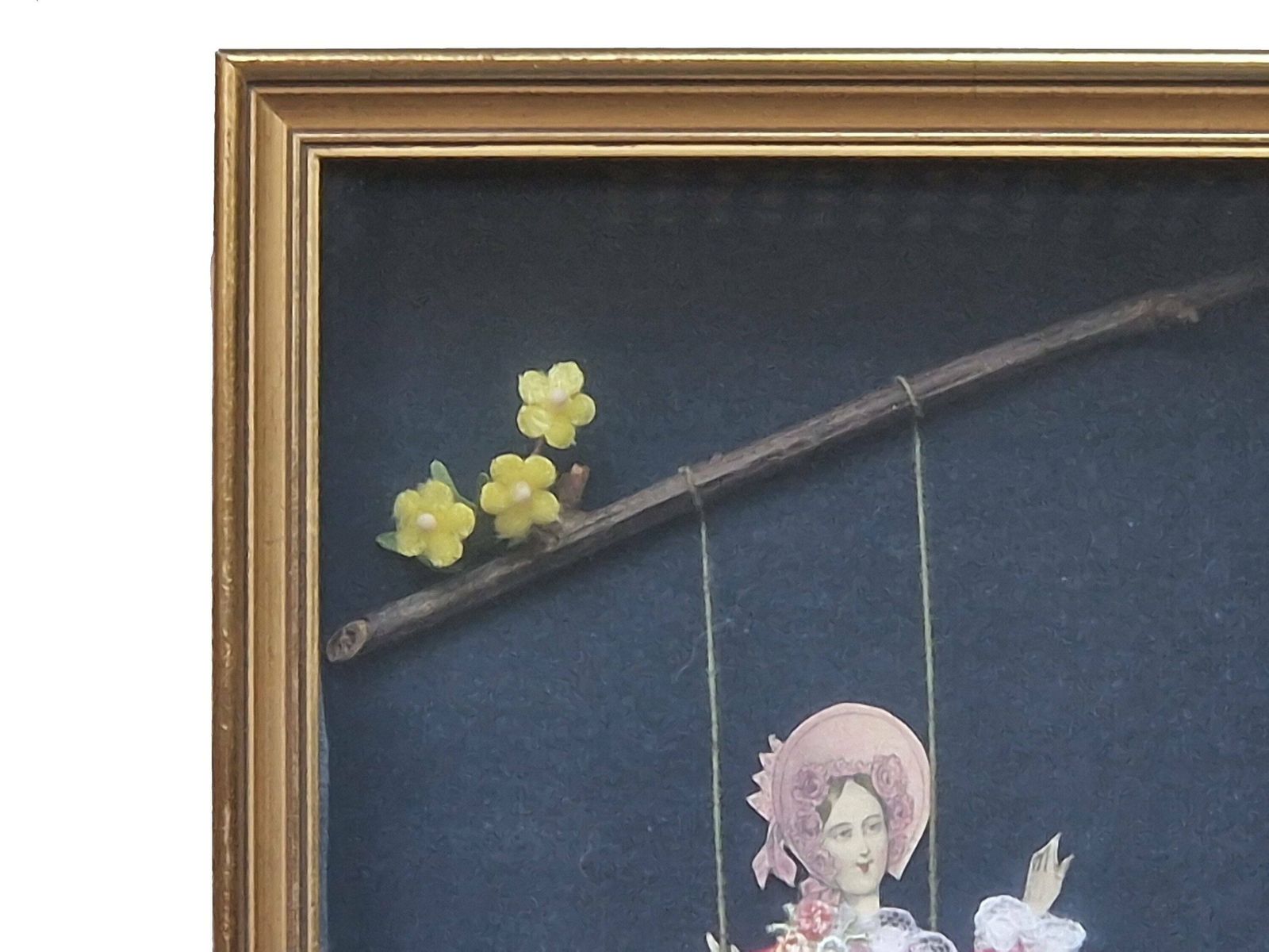 French Victorian Fashion Shadow Box, Lady On Swing In Hand Made Diorama photo vintage