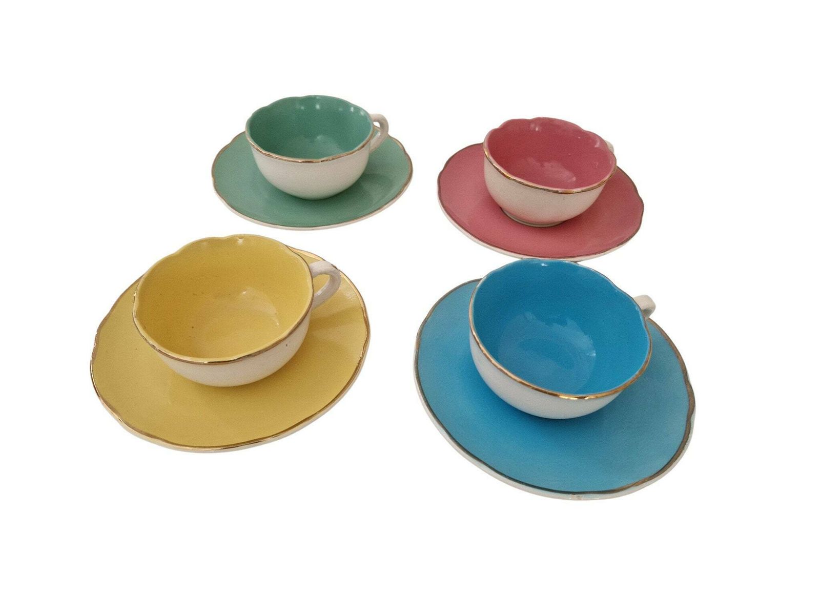 1950s Pastel Cups And Saucers Set Of 4, Mid Century French French Porcelain Demitasse Coffee Set By Digoin Sarreguemines