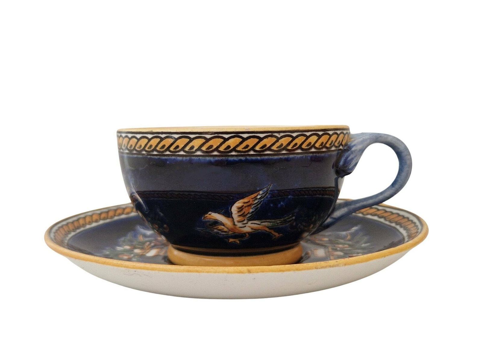 Gien Blue Renaissance Tea Cup And Saucer Set With Hand Painted Mythology Pattern, French Faience photo for sale