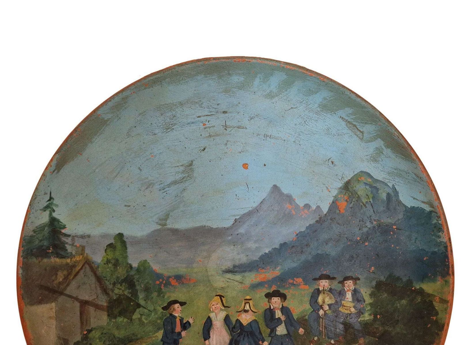 French Antique Terracotta Wall Plate With Hand Painted Village Dancing Scene, Folk Art Bouree Dance photo Home Decor