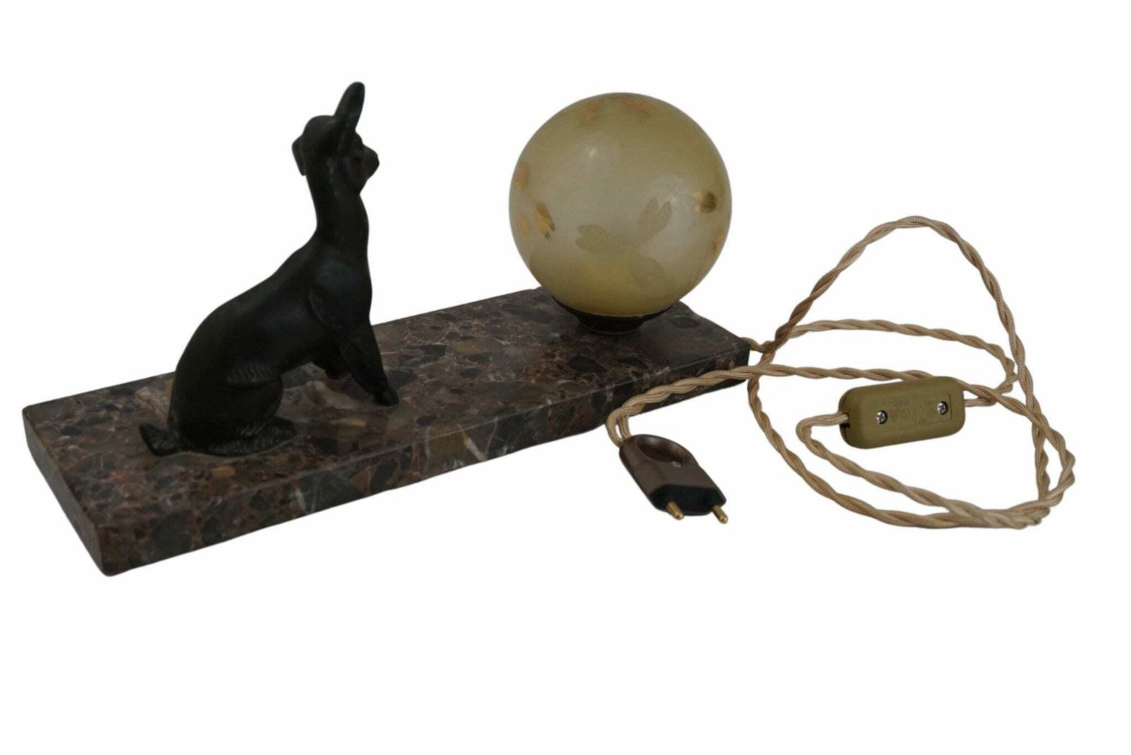 Art Deco Table Lamp With Lamb Figurine On Marble Base With Glass Globe, Antique Home & Office Decor photo furniture
