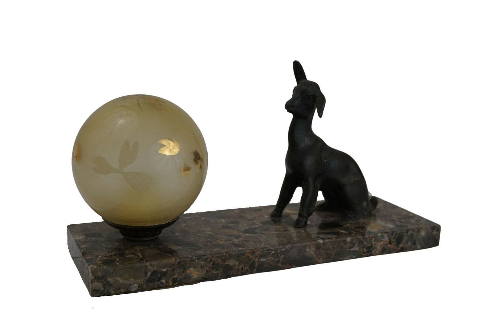 Art Deco Table Lamp With Lamb Figurine On Marble Base With Glass Globe, Antique Home & Office Decor photo for sale