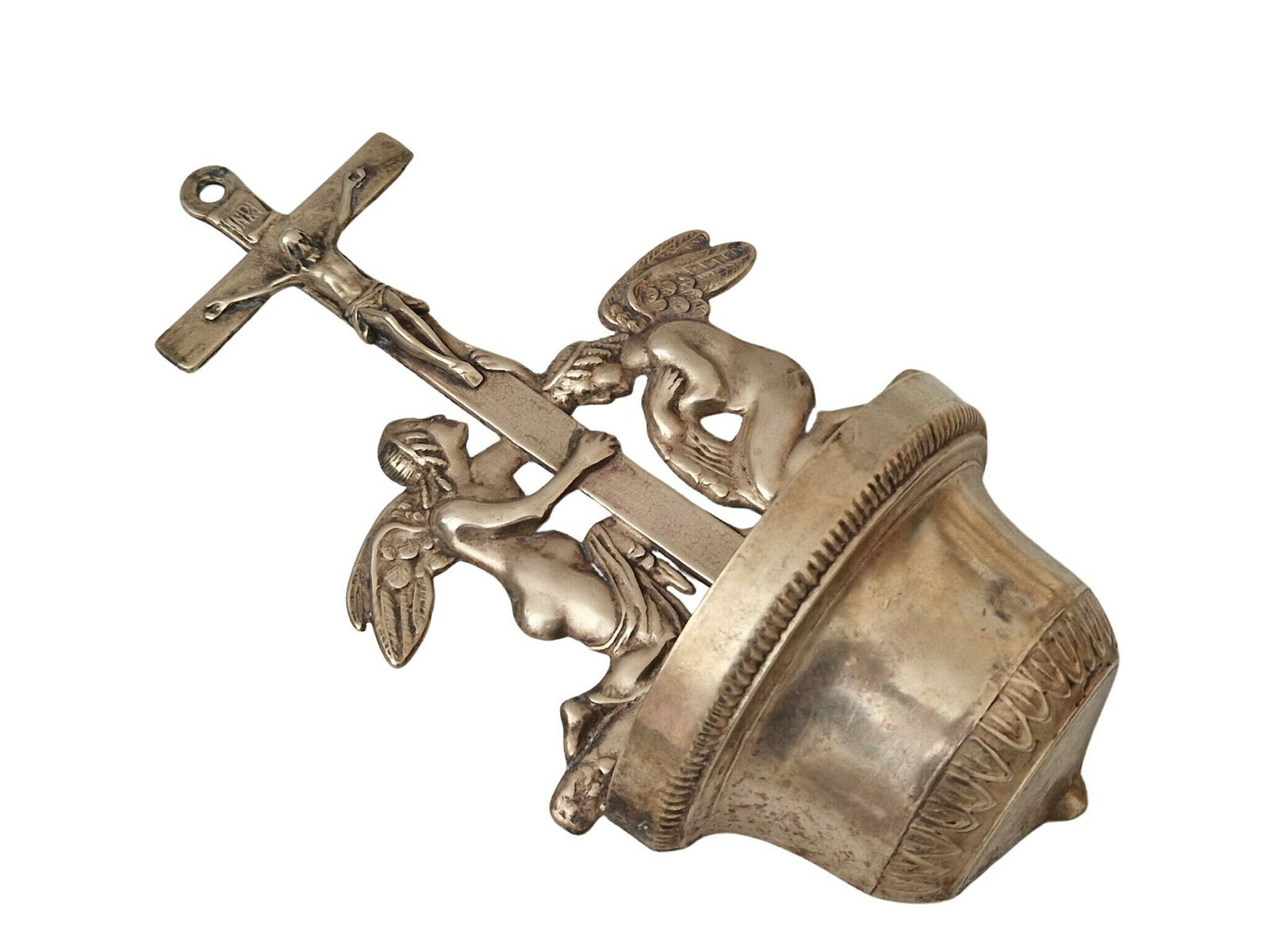 Vintage Brass Holy Water Font With Angels And Crucifix Wall Hanging photo furniture
