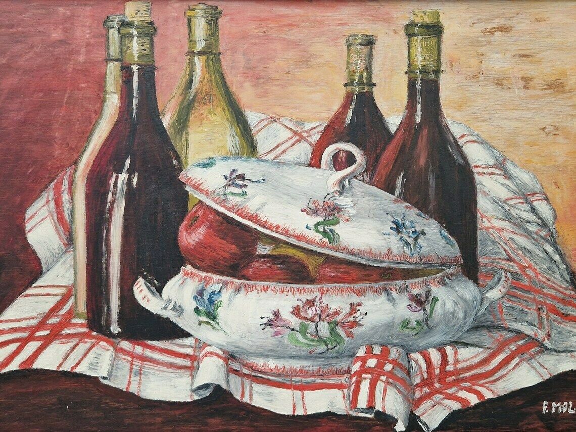 French Wine Bottle And Soup Tureen Still Life Painting, Rustic Home And Kitchen Wall Art, Framed And Signed F Mollaret photo for sale