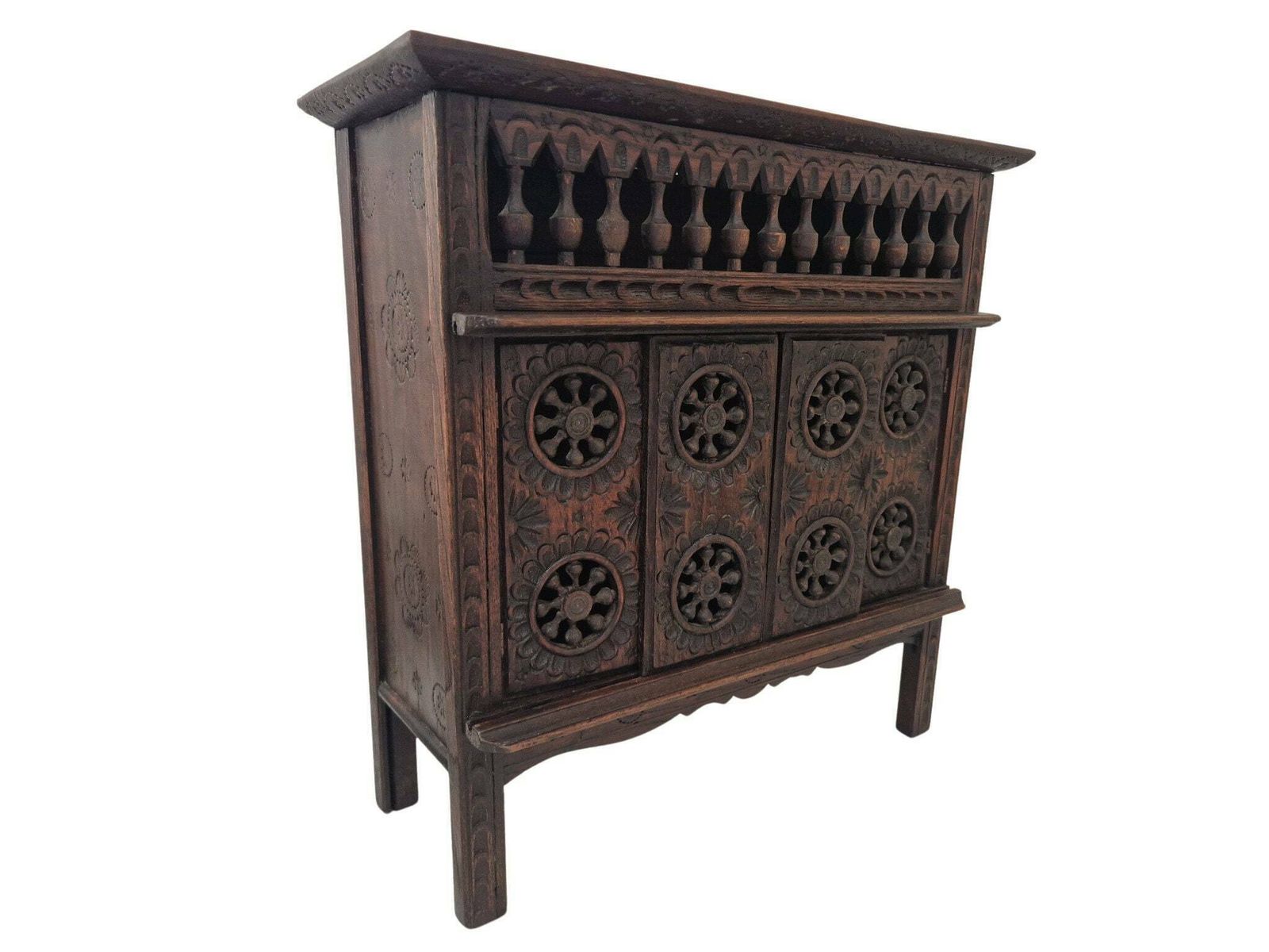 French Breton Doll Furniture Sideboard, Miniature Carved Wooden Buffet Cupboard photo for sale