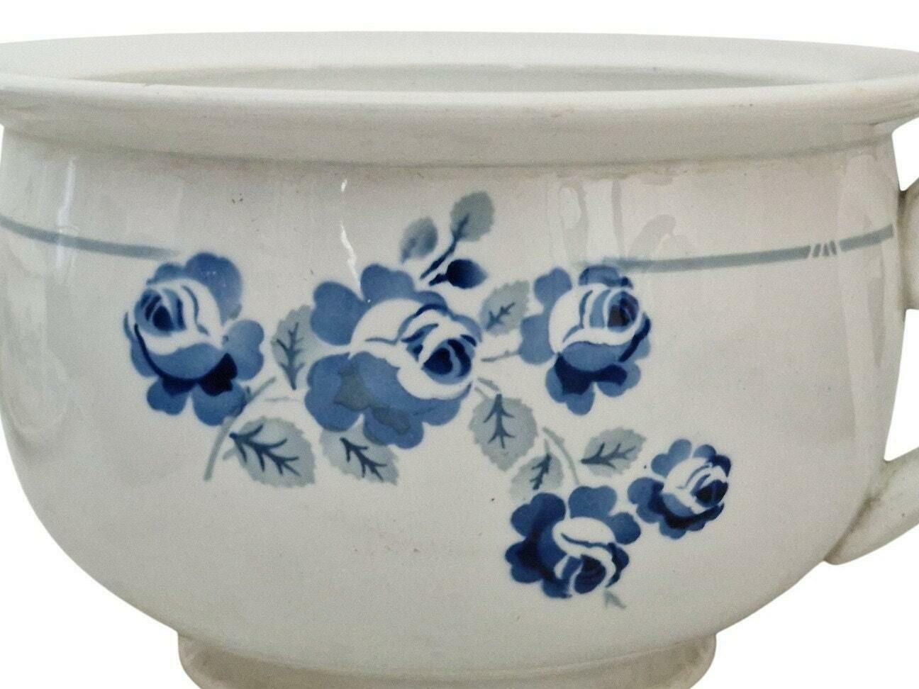 photo for sale French Porcelain Chamber Pot With Blue Roses Transferware By Saint Amand