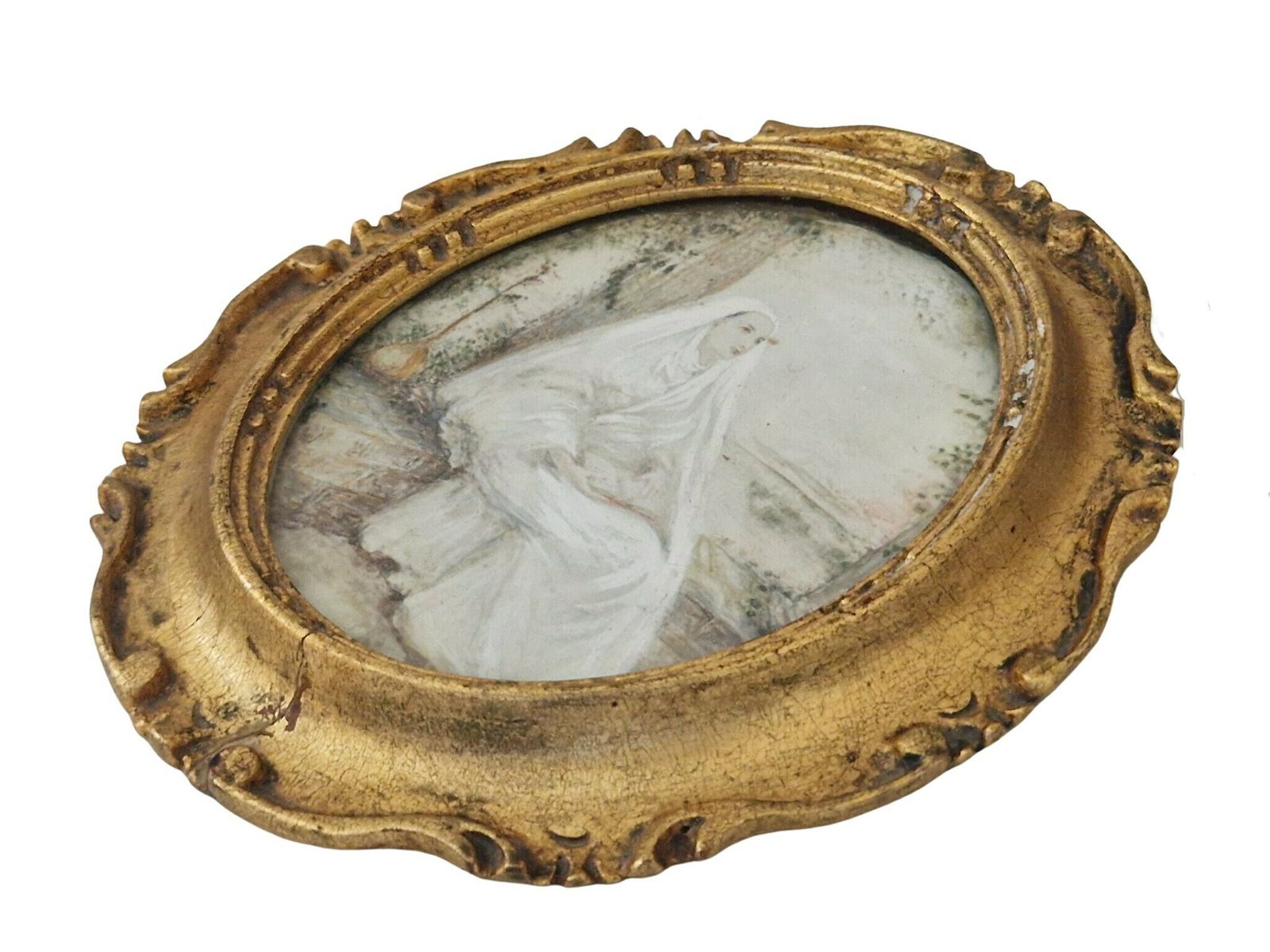 Antiek Portret Van Een Mediterende Non, Handgeschilderd Frans Miniatuur, Christelijke Kunst photo for sale