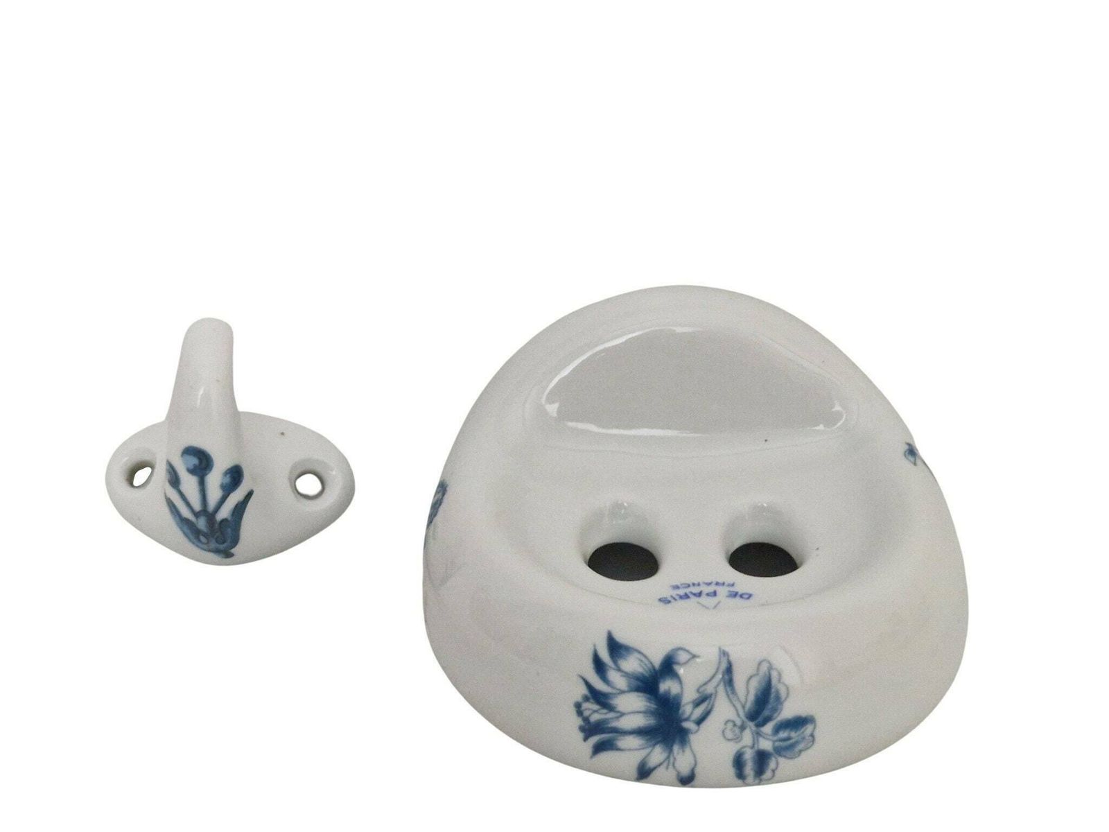 Paris Porcelain Bathroom Towel Hook And Toothbrush Holder Set, Romantic French White And Blue Bathroom Decor