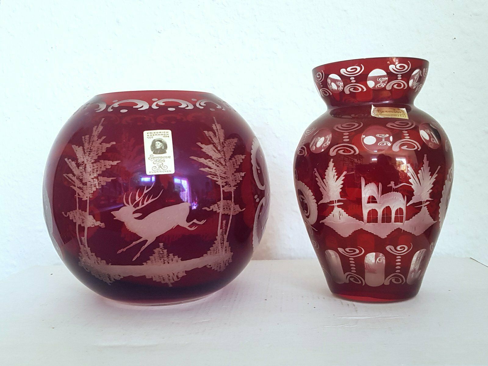 Rubin Red Bohemian Vases With Forest Motif, Set Of 2