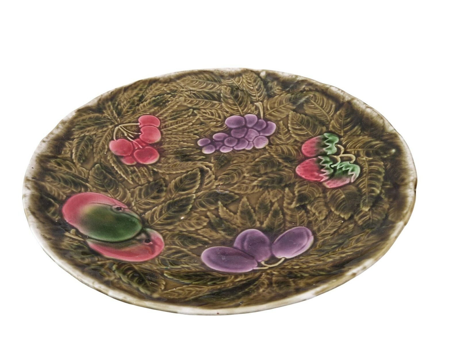 Large Majolica Fruit Centerpiece Bowl By Sarreguemines, French Barbotine Serving Dish Platter photo for sale