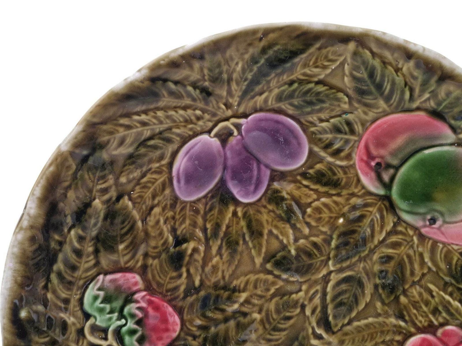Large Majolica Fruit Centerpiece Bowl By Sarreguemines, French Barbotine Serving Dish Platter photo vinterior