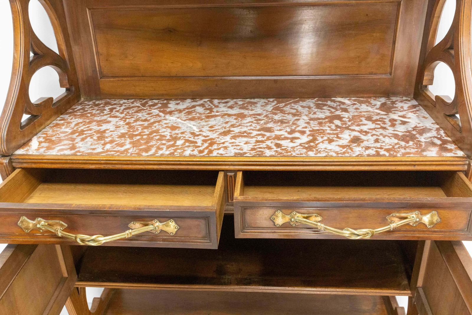 Art Nouveau Walnut, Marbre & Brass Console Or Little Buffet, French, Circa 1910 photo vintage