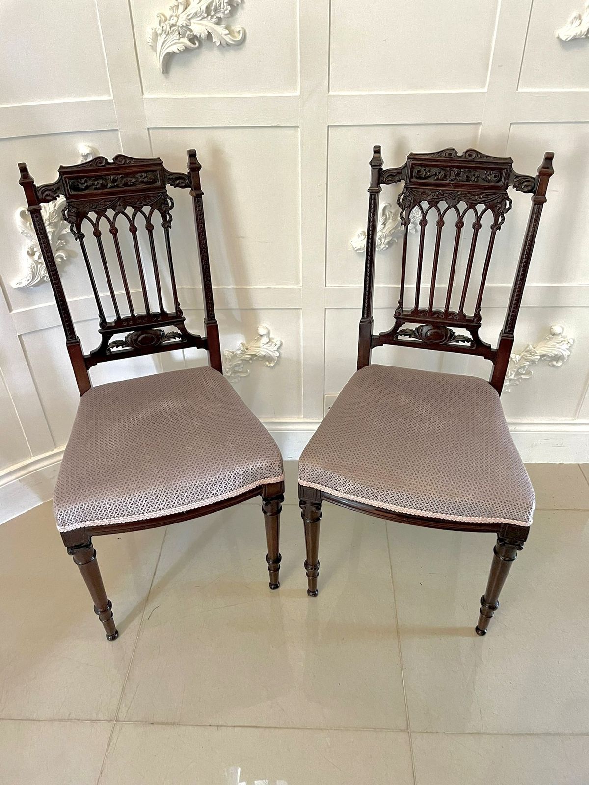 Fine Pair Of Antique 19th Century Carved Mahogany Side Chairs