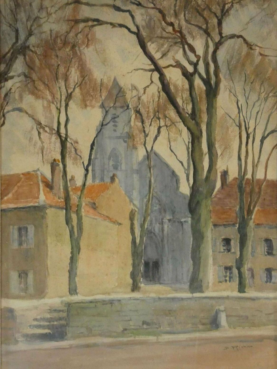 D Richier French Village Scene Watercolour photo furniture