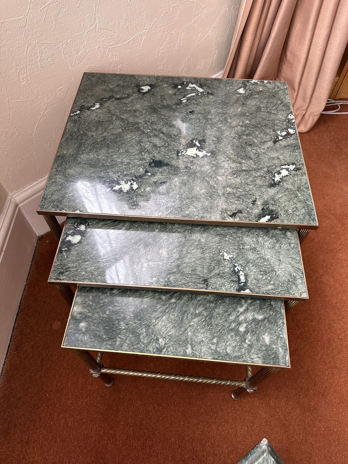 Set Of Three Nesting Mid Century Marble Top, Decorative Brass Legged Tables