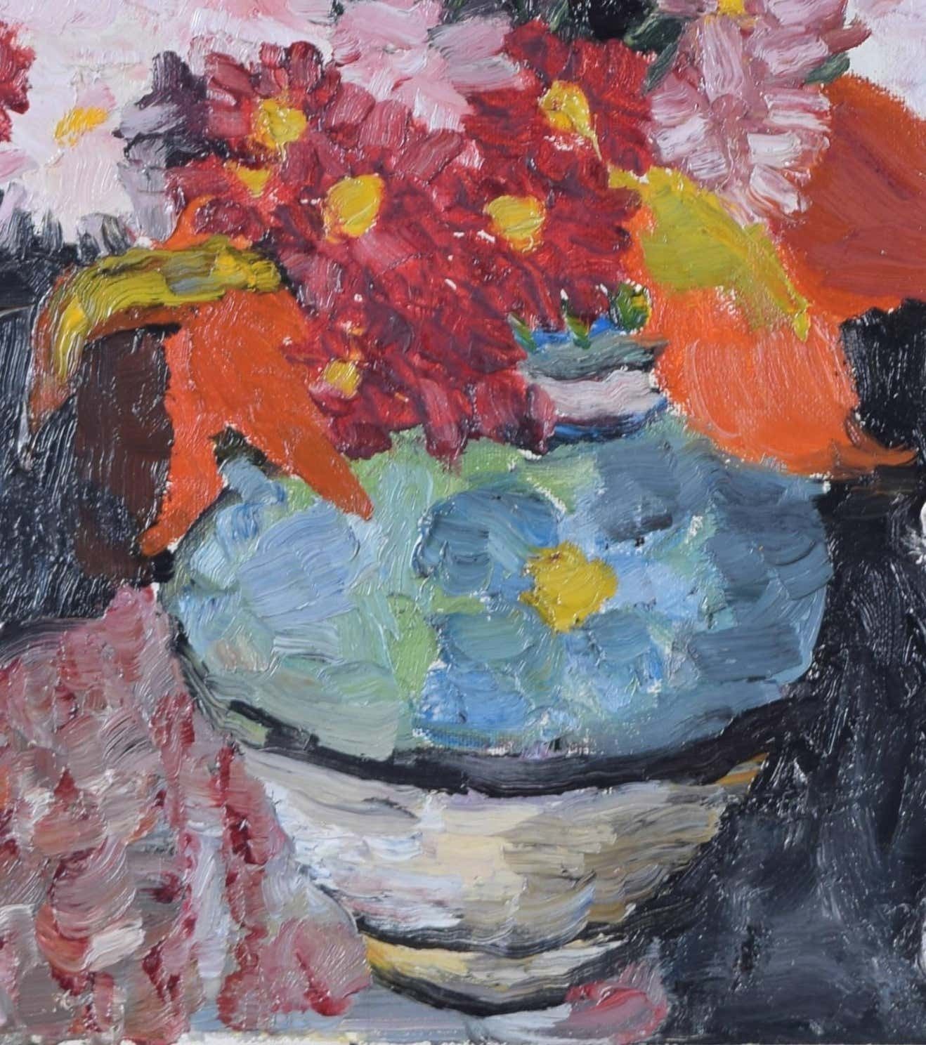 Lucy Harwood Still Life With Flowers And Glass Mid Century Oil Painting By Eva Lucy Harwood photo for sale