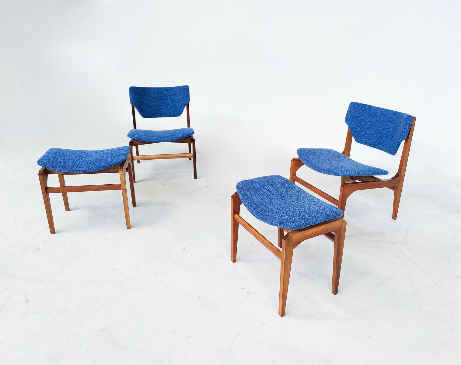 Pair Of Blue Mid Century Modern Armchairs With Matching Ottomans