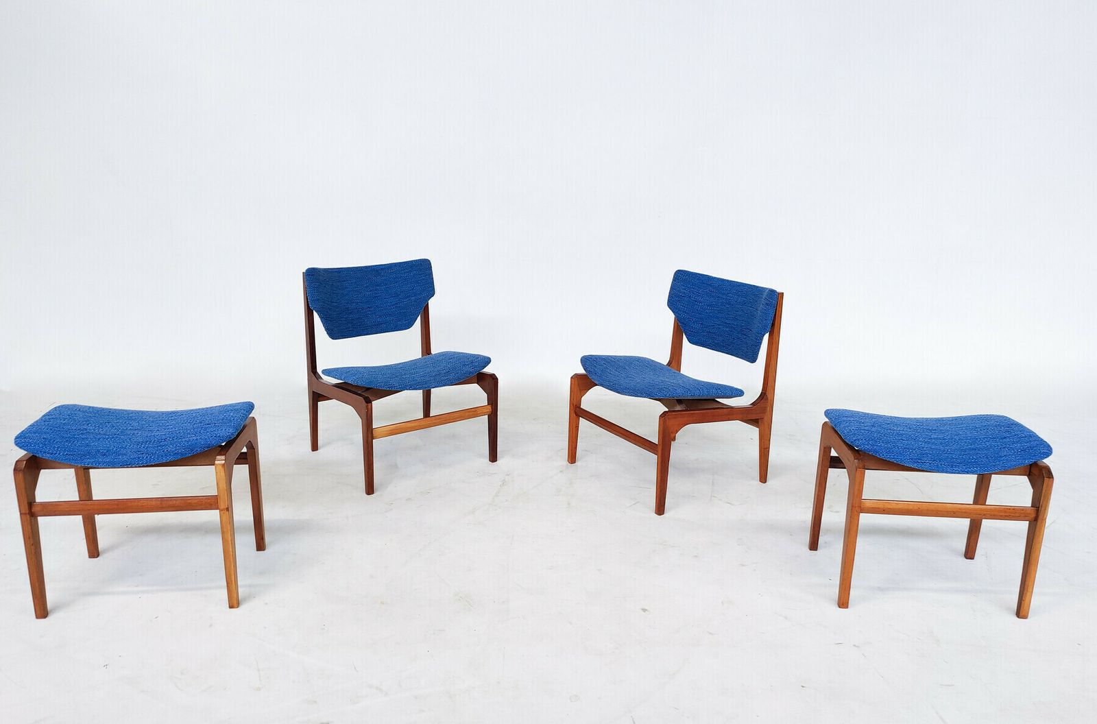 Pair Of Blue Mid Century Modern Armchairs With Matching Ottomans photo for sale