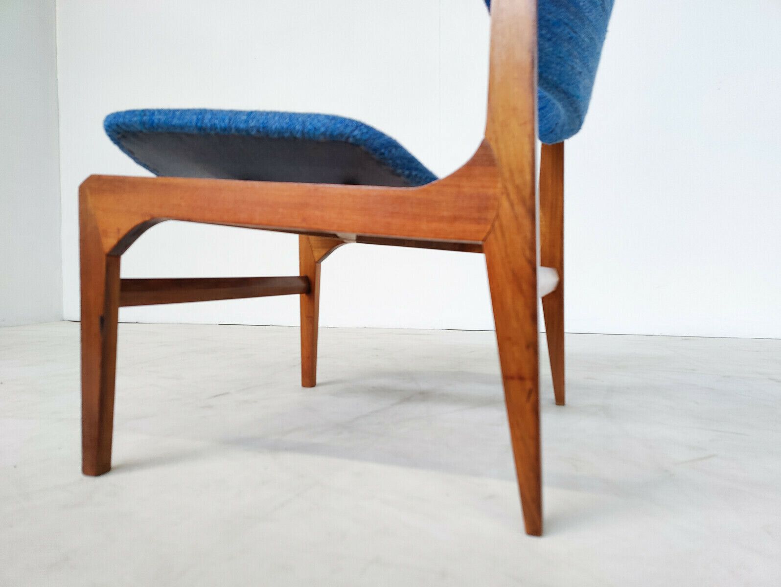 photo for sale Pair Of Blue Mid Century Modern Armchairs With Matching Ottomans
